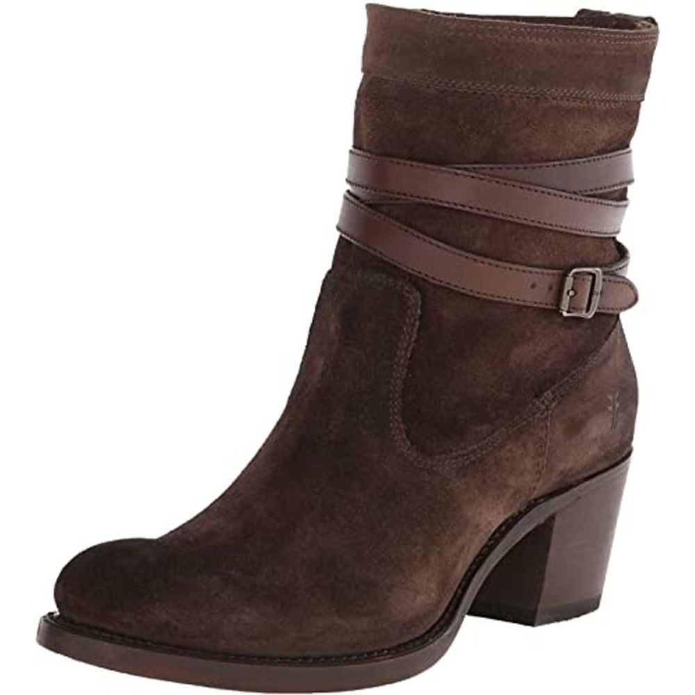 Frye Dark Brown Suede Ankle Boot with Wrap Buckle Straps